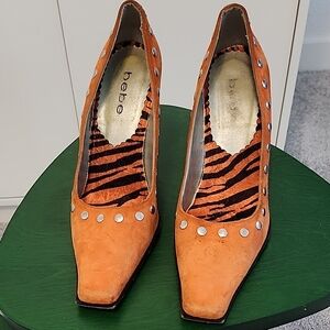 Bebe Orange and Black Animal Print Heels